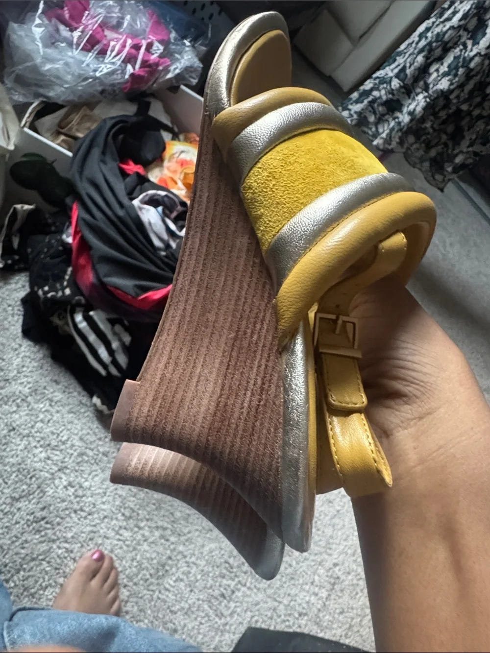 ToryBurch Yellow Suede wedge with Metallic Silver Accent